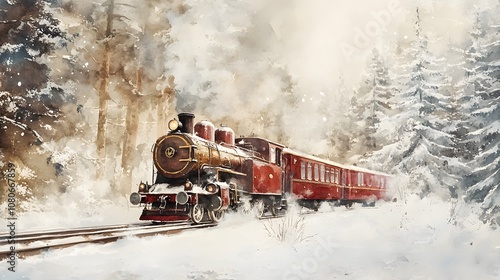 An enchanting watercolor illustration of an old-fashioned steam train chugging through the snowy countryside, surrounded by towering evergreen trees and white snowflakes falling gently from the sky