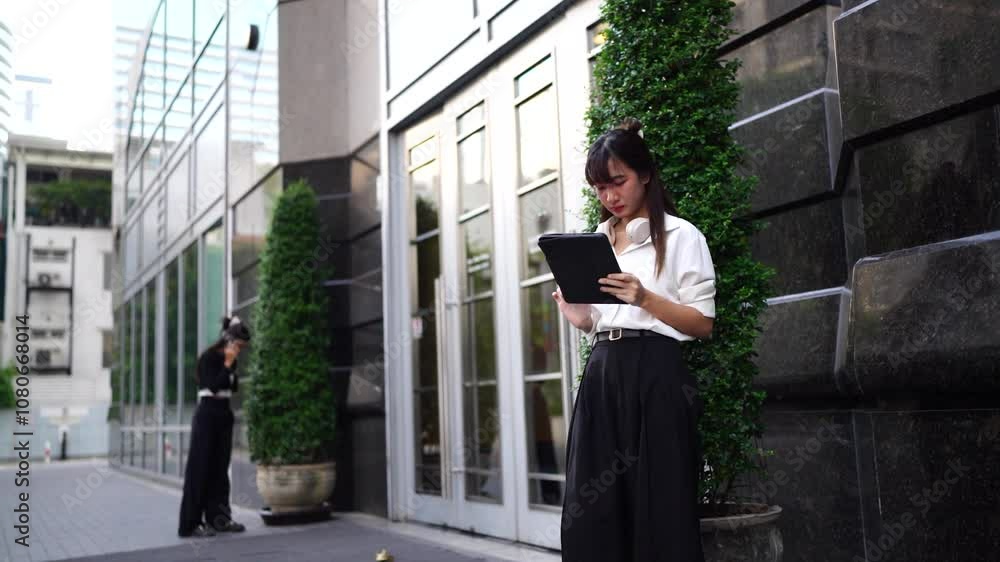 Two young Asian businesswomen outside their company with a skyscraper in the background. Two young Asian businesswomen outside their company with a skyscraper in the background.