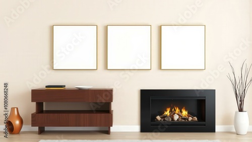 Modern Living Room Decor: Cozy Fireplace and Elegant Furniture in a Warm Brown and Beige Setting