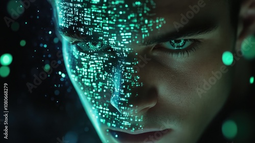 A close-up of a man's face with a digital overlay of binary code, showcasing a futuristic and technological aesthetic.