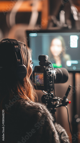 Female entrepreneur recording a podcast about business insights