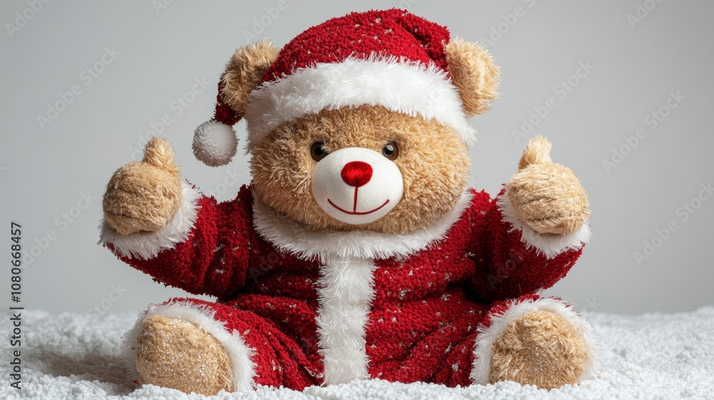 Smiling teddy bear wearing santa claus costume showing thumbs up sign Smiling teddy bear wearing santa claus costume showing thumbs up sign