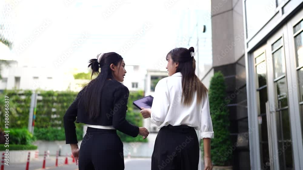 Two young Asian businesswomen outside their company with a skyscraper in the background.