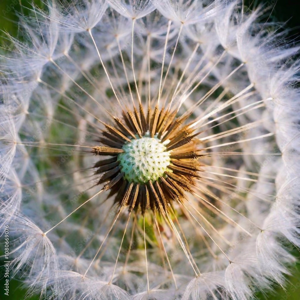 Fototapeta premium a close-up, birds-eye-view shot of a dandelion seed head with deep focus, capturing the intricate details of the individual seeds and their fine, hair-like structures, while keeping the surrounding da
