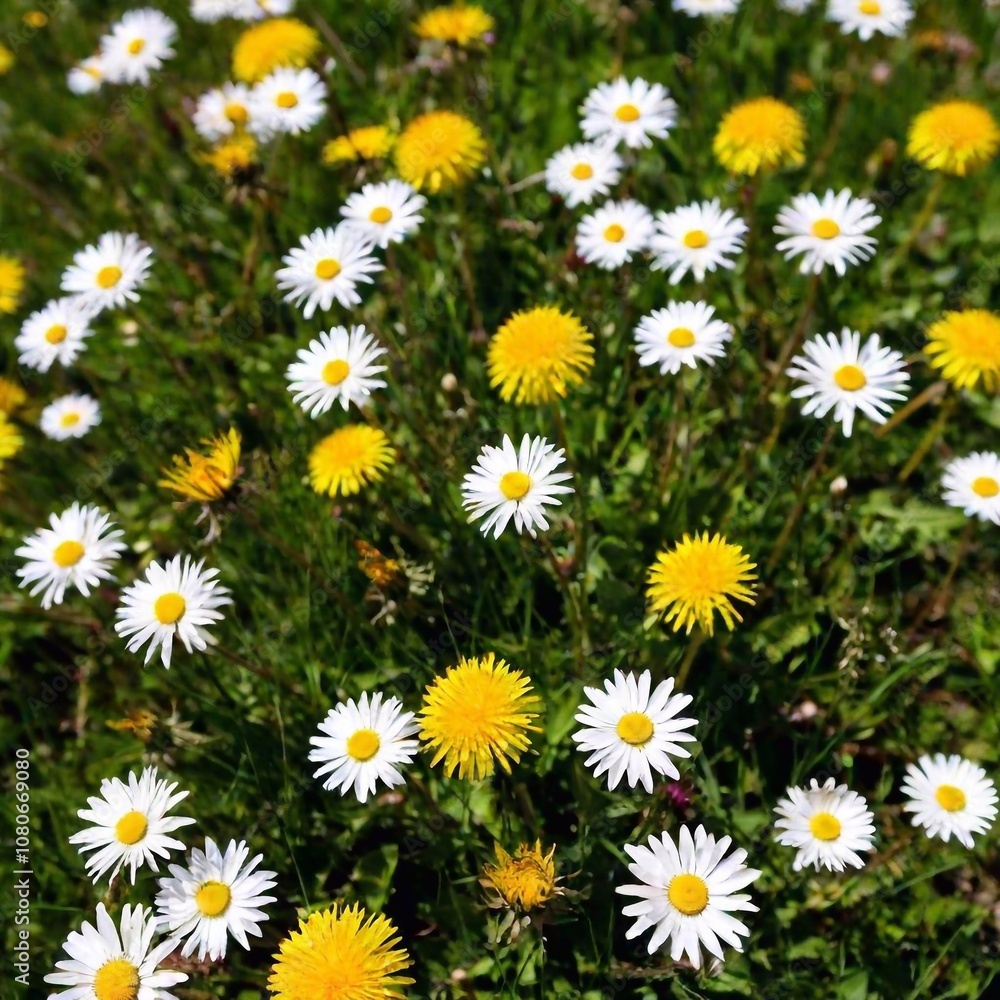 Fototapeta premium an extreme long shot from a birds-eye-view perspective, focusing on a dandelion meadow interspersed with other wildflowers. Use deep focus to showcase the dandelion patches and their textures, blendin