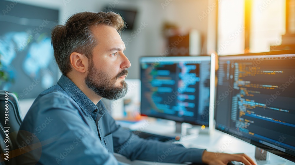 Close-up of a software developer working on code displayed on dual monitors in a modern office setting, with natural lighting and intense focus. Close-up of a software developer working on code displayed on dual monitors in a modern office setting, with natural lighting and intense focus.