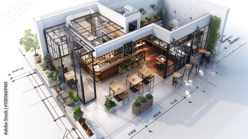 3D isometric rendering of a cafe with a bar and outdoor seating area.