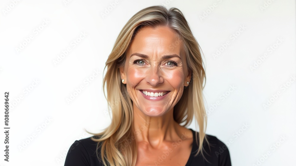Portrait of a smiling blonde stylish women, looking at camera, happy face, neutral background for cutout, horizontal Portrait of a smiling blonde stylish women, looking at camera, happy face, neutral background for cutout, horizontal
