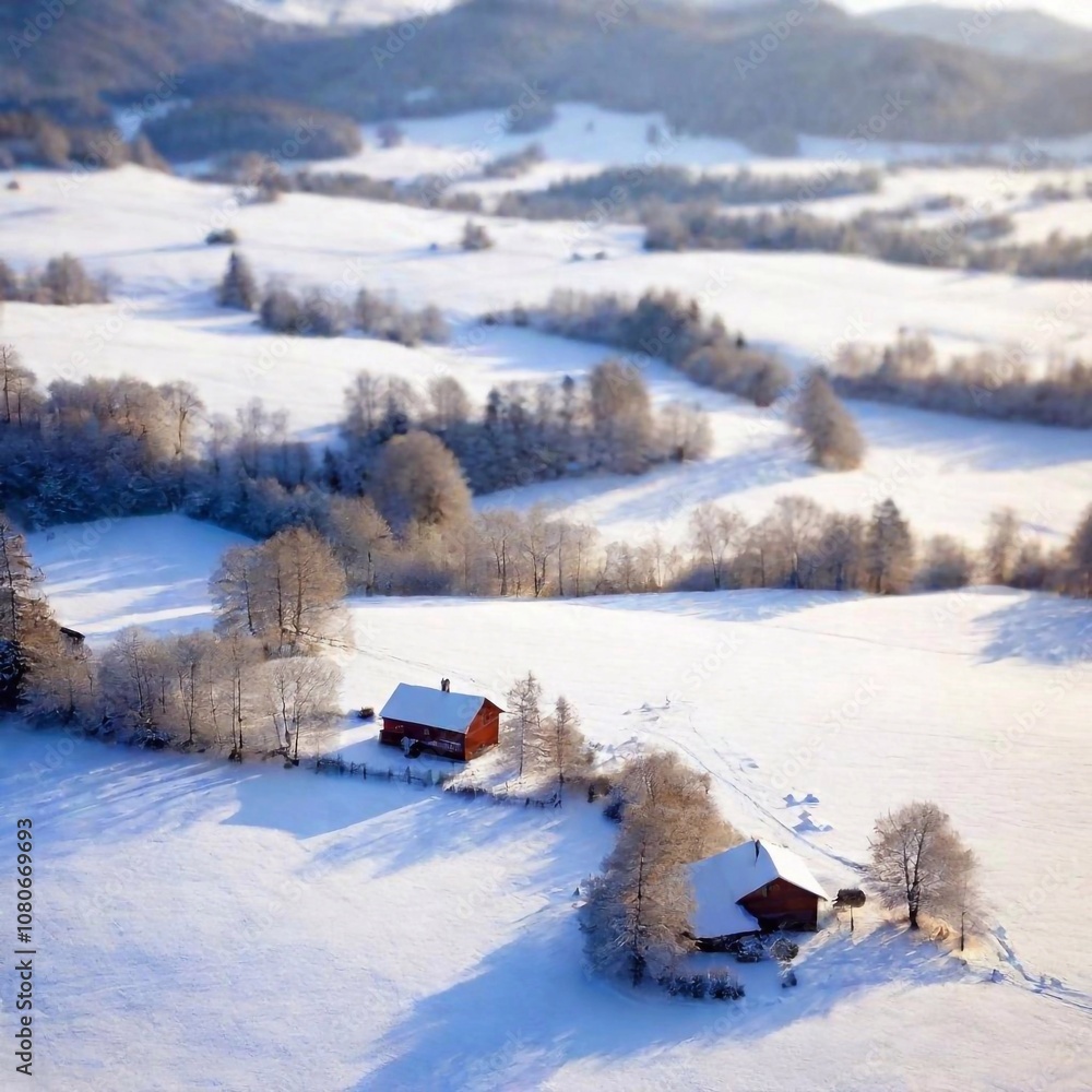 A full shot eye-level photo of summer scenery, portraying a snow-covered countryside with a charming farmhouse and rolling hills, using tilt-shift to create a whimsical, miniature effect on the winter A full shot eye-level photo of summer scenery, portraying a snow-covered countryside with a charming farmhouse and rolling hills, using tilt-shift to create a whimsical, miniature effect on the winter