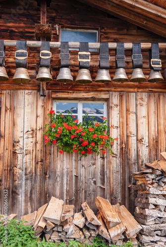 Fotografi Traditional chalet with cow bells and flowers in the Swiss Alps.