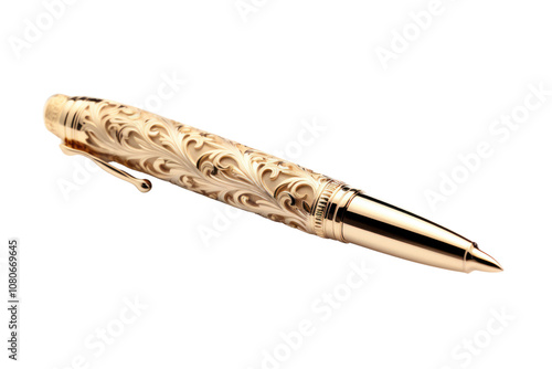 Shiny gold-plated luxury pen with intricate details, positioned at an angle to highlight its design, isolated on white background photo