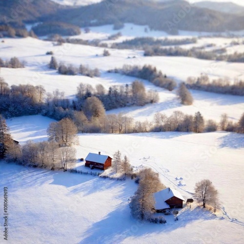Wallpaper Mural A full shot eye-level photo of summer scenery, portraying a snow-covered countryside with a charming farmhouse and rolling hills, using tilt-shift to create a whimsical, miniature effect on the winter Torontodigital.ca