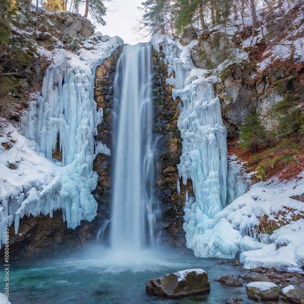 A full shot eye-level photo of summer scenery, featuring a partially frozen waterfall and snow-covered rocks, with tilt-shift effect accentuating the icy details and the surrounding winter landscape. A full shot eye-level photo of summer scenery, featuring a partially frozen waterfall and snow-covered rocks, with tilt-shift effect accentuating the icy details and the surrounding winter landscape.