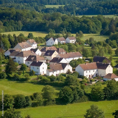 A full shot of a cute village landscape at eye level, among hills stretching into the distance under a clear sky.