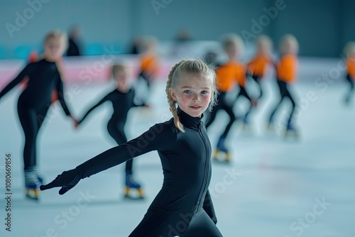 Young Figure Skater in Black Jumpsuit on Ice Rink