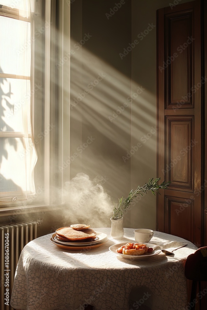 A Cozy Morning Breakfast Setting With Pancakes and Steaming Food by a Sunlit Window A Cozy Morning Breakfast Setting With Pancakes and Steaming Food by a Sunlit Window