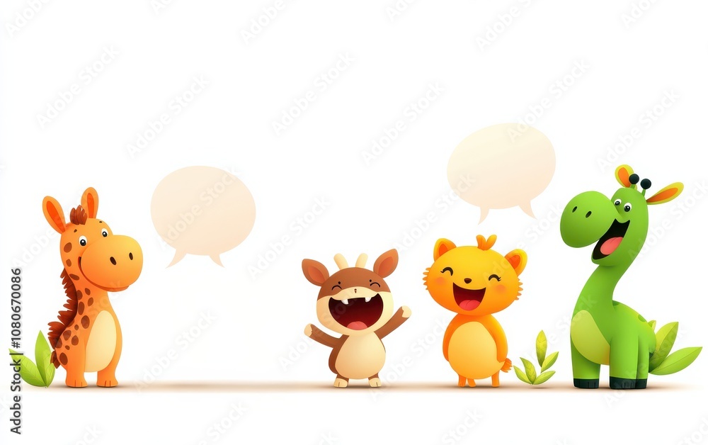 Obraz premium A colorful illustration featuring cheerful cartoon animals with speech bubbles, emphasizing joy and playfulness in a vibrant setting.