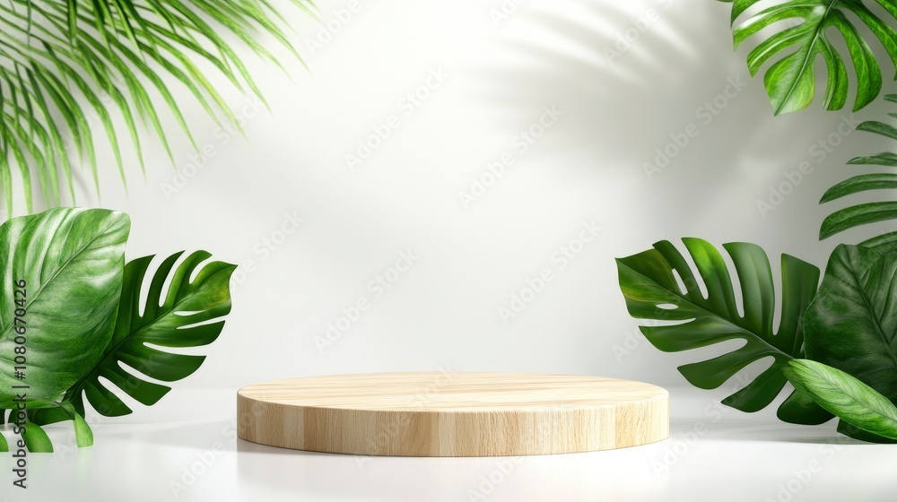 a wooden podium with a white background and green leaves for a product presentation a wooden podium with a white background and green leaves for a product presentation