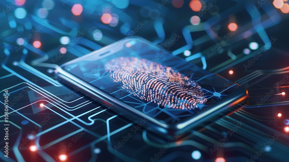 smartphone displaying a glowing digital fingerprint on a circuit board background, symbolizing mobile security, biometrics, and data protection. smartphone displaying a glowing digital fingerprint on a circuit board background, symbolizing mobile security, biometrics, and data protection.
