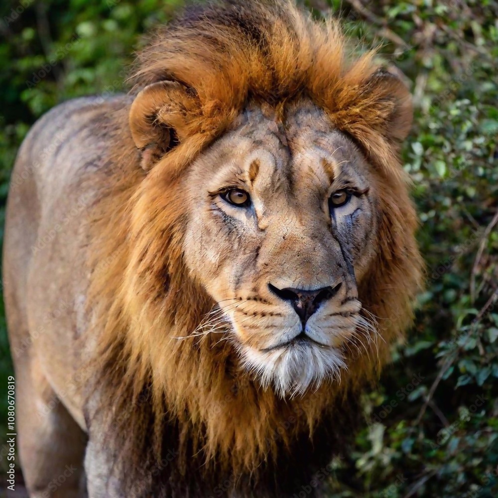 A macro photo of a lion prowling through the dense underbrush, deep focus on its intense gaze and the fine details of its powerful limbs, high-angle shot highlighting the strength and agility of its f A macro photo of a lion prowling through the dense underbrush, deep focus on its intense gaze and the fine details of its powerful limbs, high-angle shot highlighting the strength and agility of its f