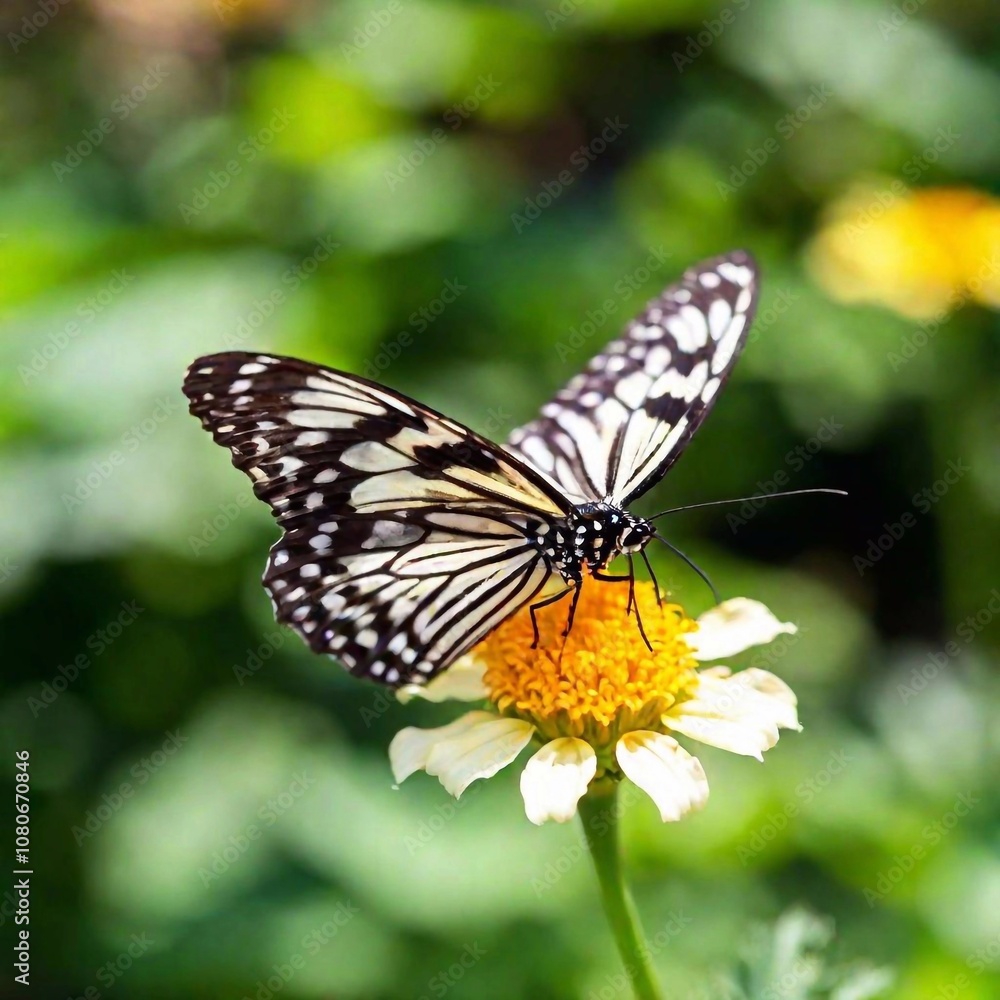 A macro photo of a butterfly perched delicately on a flower petal, soft focus blurring the background to emphasize the details of its wing patterns, low angle shot creating an upward perspective, addi A macro photo of a butterfly perched delicately on a flower petal, soft focus blurring the background to emphasize the details of its wing patterns, low angle shot creating an upward perspective, addi