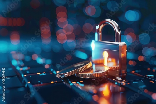 A glowing digital padlock and coins placed on a circuit board, representing cybersecurity, financial security, and digital protection of assets in technology.