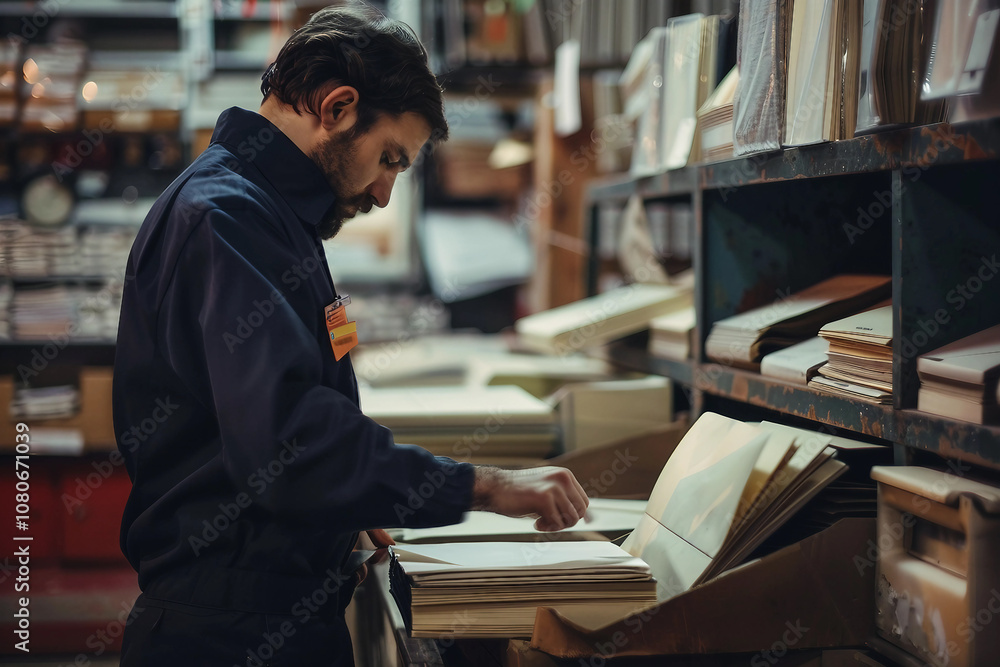 Obraz premium Generative AI Image of Postman Sorting Mail in a Postal Office Environment