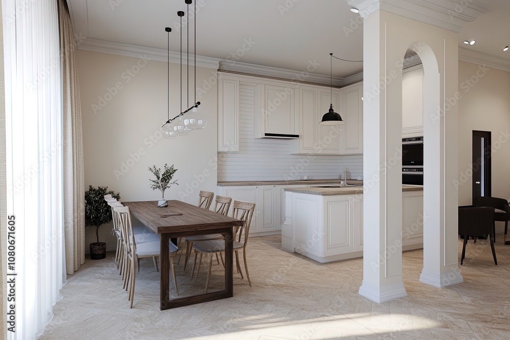 Fototapeta premium Modern Kitchen and Dining Area Featuring a Large Table and Elegant Decor in a Bright, Open Setting