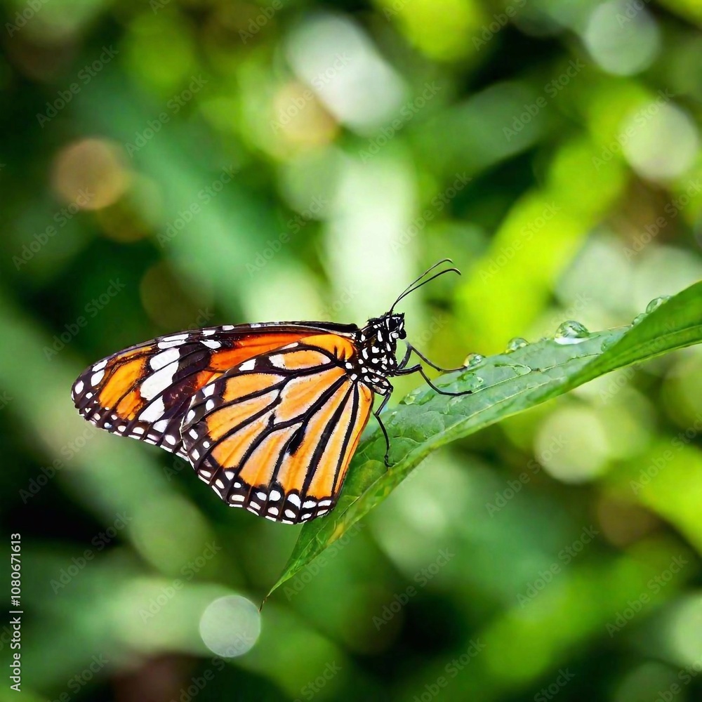 A macro photo of a butterfly resting on a dew-covered leaf, soft focus blurring the light reflections from the dew drops, low angle shot giving an upward view that enhances the fragile and translucent A macro photo of a butterfly resting on a dew-covered leaf, soft focus blurring the light reflections from the dew drops, low angle shot giving an upward view that enhances the fragile and translucent