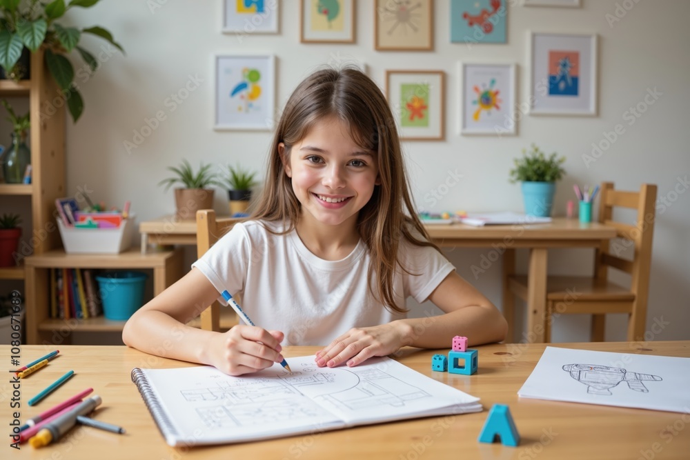 Smiling child drawing in a colorful art classroom filled with toys and framed artwork. Smiling child drawing in a colorful art classroom filled with toys and framed artwork.