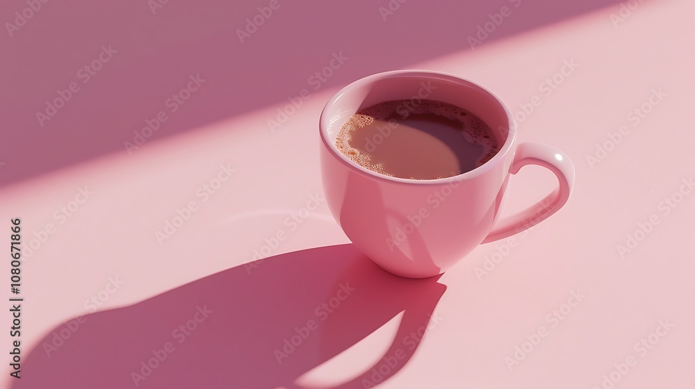 A pink cup of coffee sits on a matching pink surface, casting a soft shadow. A pink cup of coffee sits on a matching pink surface, casting a soft shadow.