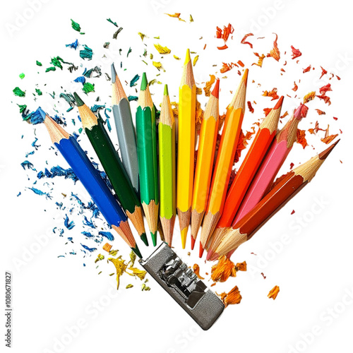 Some colored pencils of different colors and a pencil sharpener and pencil shavings isolated on transparent background.