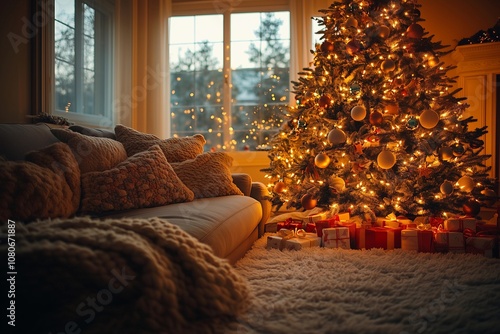 Christmas living room with beautifully decorated tree, Christmas lights, cozy