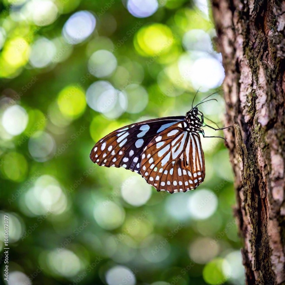 Fototapeta premium A full shot photo of a butterfly perched on a tree trunk, soft focus softening the background of leaves and branches, high angle shot looking down on the butterfly to reveal its symmetrical wingspan a