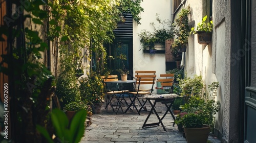 A small courtyard with a table and chairs, surrounded by lush greenery. It's the perfect spot to enjoy a quiet meal or afternoon coffee.