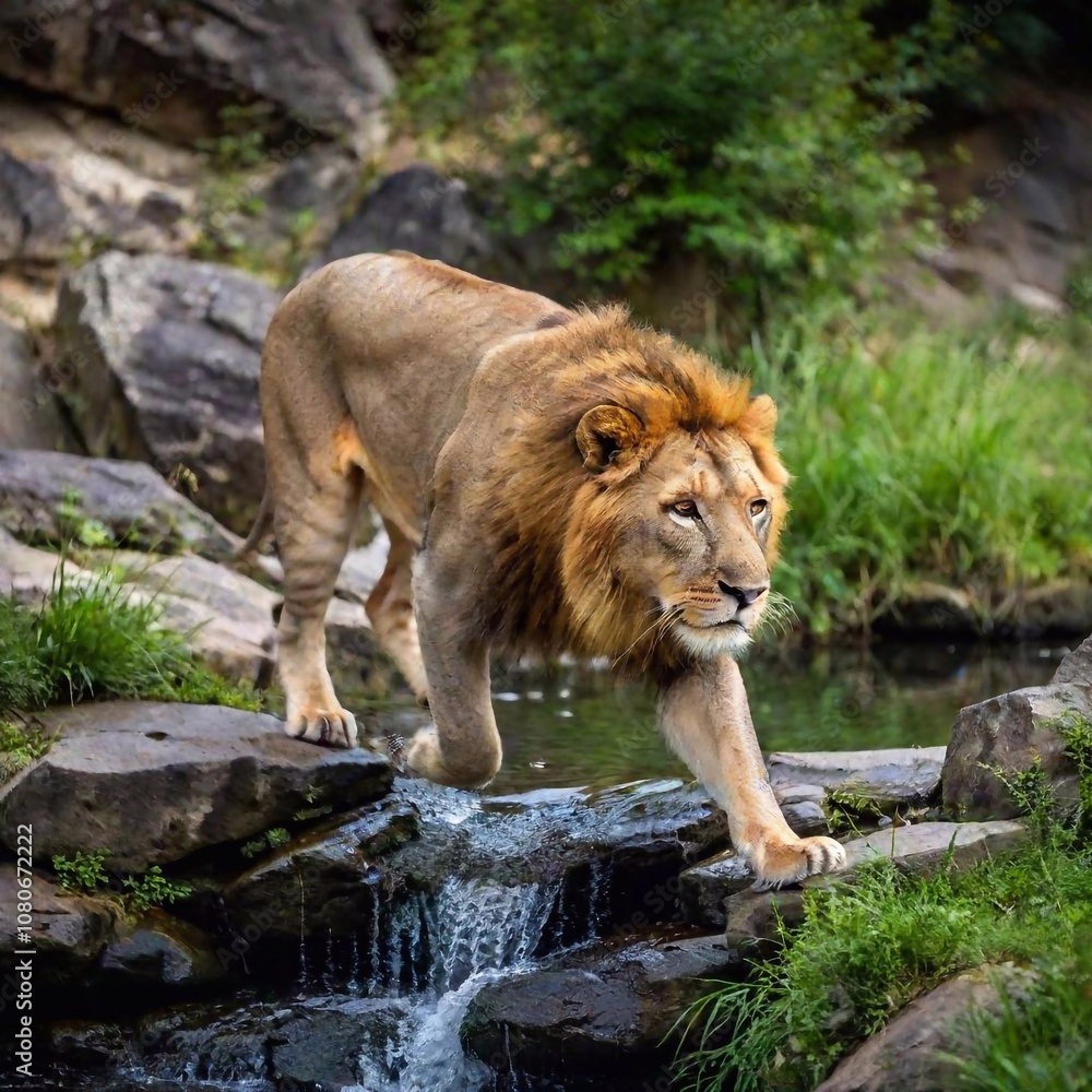 A macro photo of a lion leaping over a small stream, deep focus on the motion and musculature, high-angle shot capturing its full body mid-air, highlighting the dynamic action and strength of the lion A macro photo of a lion leaping over a small stream, deep focus on the motion and musculature, high-angle shot capturing its full body mid-air, highlighting the dynamic action and strength of the lion