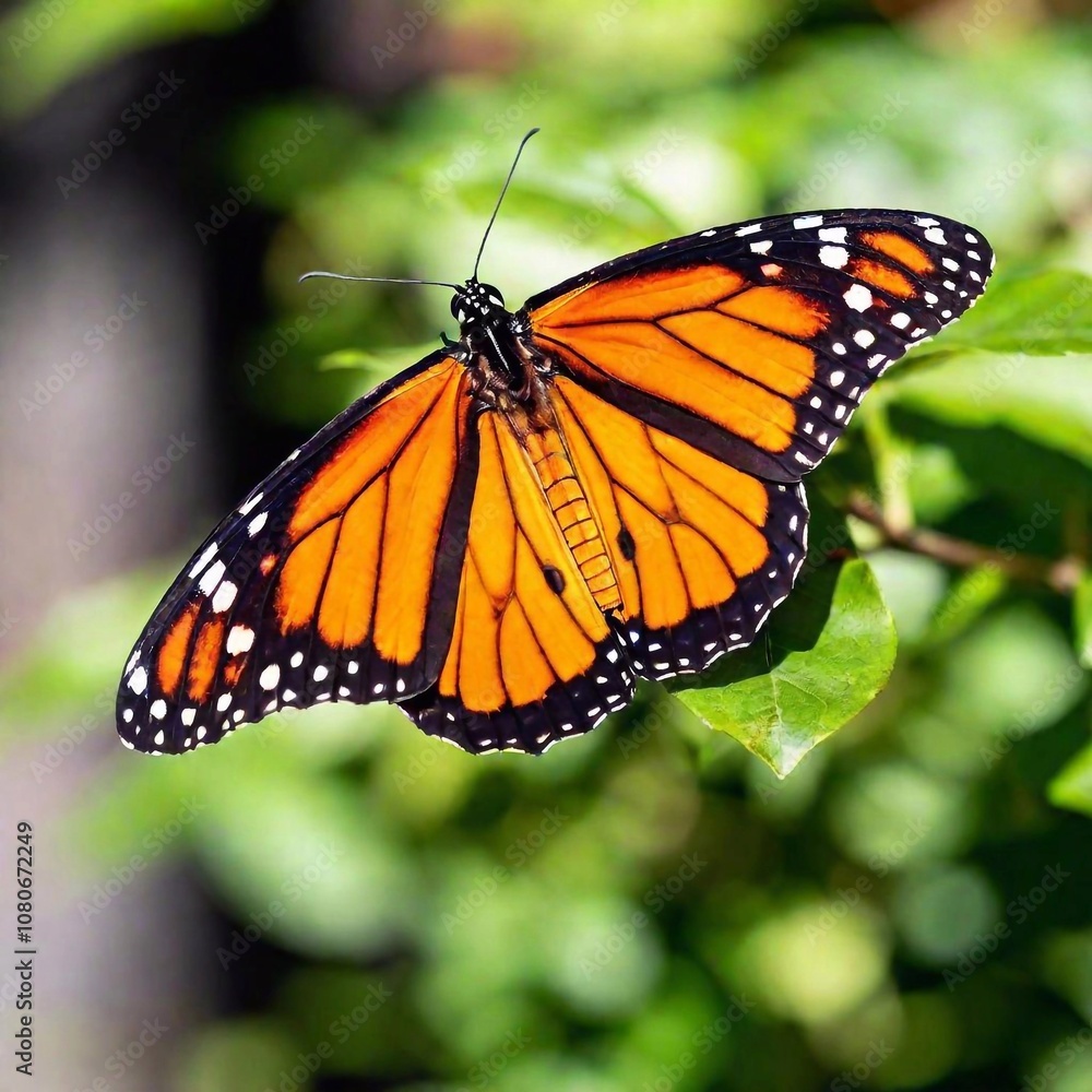 Fototapeta premium A close-up photo of a monarch butterfly with its wings fully open, deep focus highlighting the contrast between its orange and black markings, eye-level shot offering a sharp portrait that showcases i
