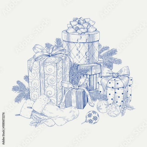 Christmas composition with gifts boxes balls fir branches socks. Blue beige Hand drawn engraved Vintage Vector illustrationToile Background for design holiday decor, decoration new year, greeting card