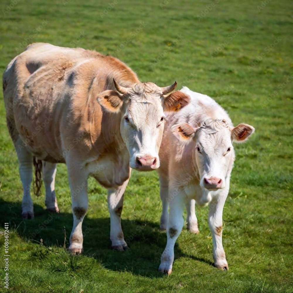 A full shot photo of a cow with its calf in a pasture, deep focus showing both the cow and calf from a high angle, highlighting the bond between them and the surrounding grassy field A full shot photo of a cow with its calf in a pasture, deep focus showing both the cow and calf from a high angle, highlighting the bond between them and the surrounding grassy field