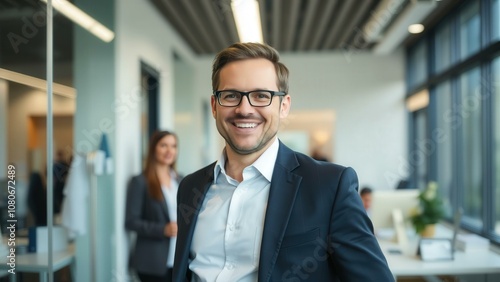 Professional Businessman Smiling in Modern Office Setting, Perfect for Corporate Marketing or Business Branding