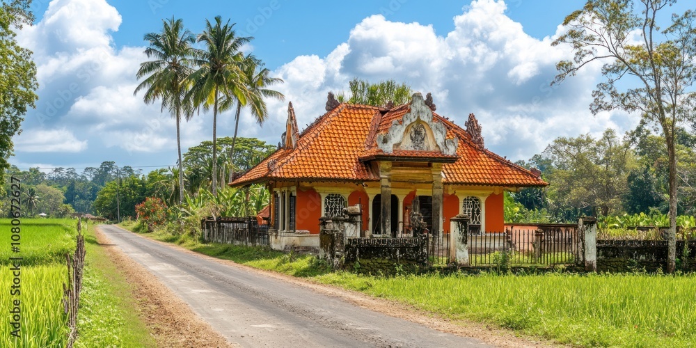 A scenic view of a traditional house beside a road, surrounded by lush greenery and palm trees. A scenic view of a traditional house beside a road, surrounded by lush greenery and palm trees.