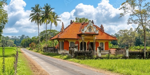 A scenic view of a traditional house beside a road, surrounded by lush greenery and palm trees.