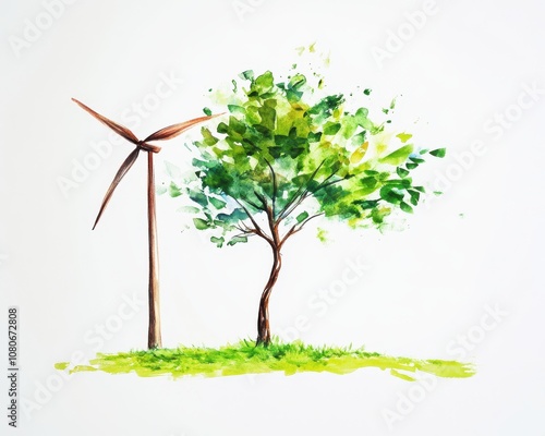 Artistic representation of a wind turbine and a green tree, eco-friendly focus. photo