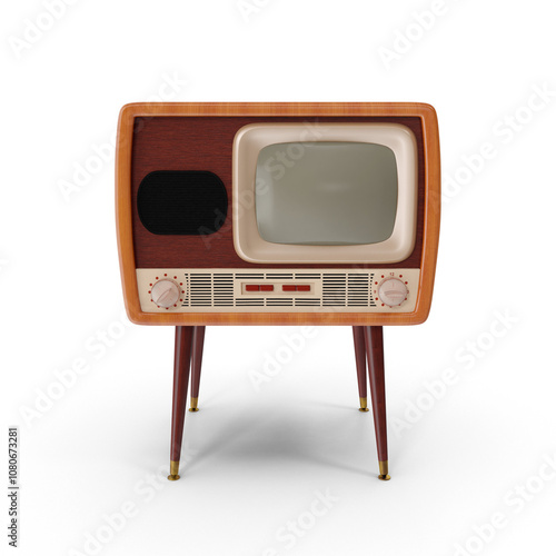 Vintage TV set from the mid-20th century with wooden casing, rotary dials, and an antenna, evoking nostalgia and retro charm in a classic living room setup