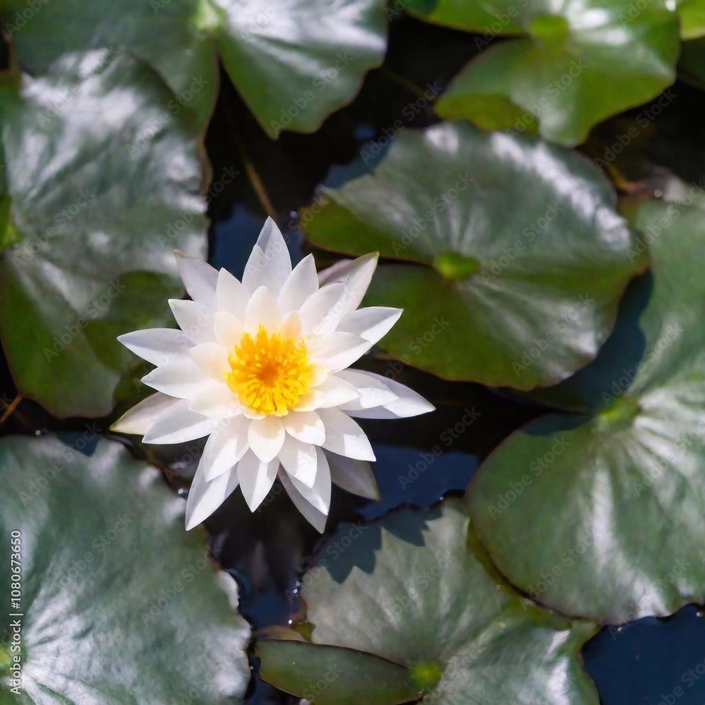 A high-resolution photo captures a serene water lily in bloom amidst a pond. The ultrarealistic image highlights the delicate white petals with a hint of pink, encircling vibrant yellow stamens at the A high-resolution photo captures a serene water lily in bloom amidst a pond. The ultrarealistic image highlights the delicate white petals with a hint of pink, encircling vibrant yellow stamens at the