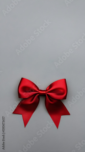 A close-up of a red ribbon tied in a bow against a soft gray background, representing holiday decorations and joy. A ribbon bow on a gray backdrop.