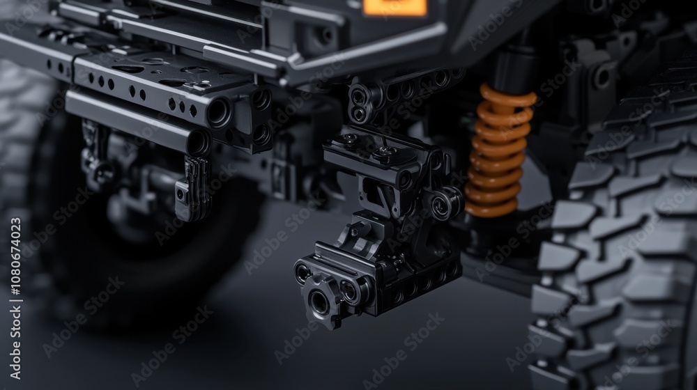 Close-up of trucks structural frame with highly detailed axles, suspension, and metal parts Close-up of trucks structural frame with highly detailed axles, suspension, and metal parts