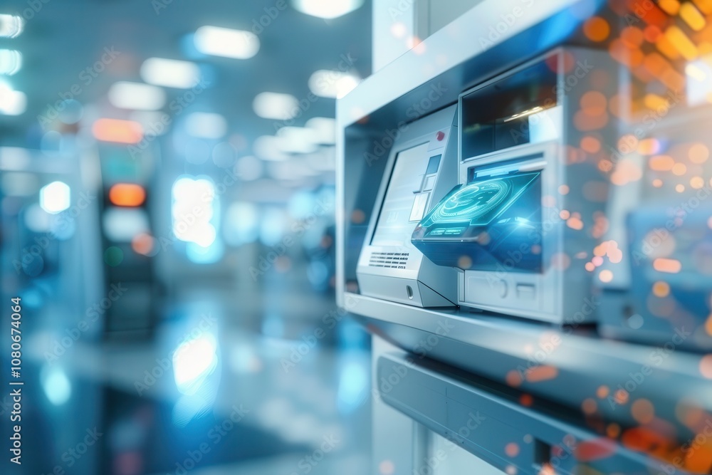 Close-up of a modern ATM machine featuring a digital touch interface in a well-lit banking hall with a blurred background. Close-up of a modern ATM machine featuring a digital touch interface in a well-lit banking hall with a blurred background.