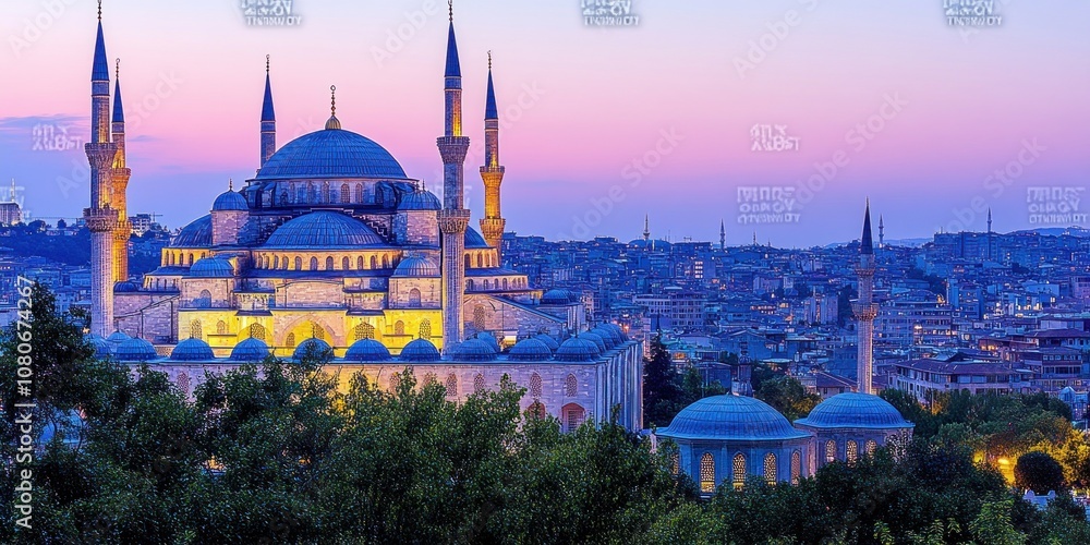 Obraz premium A panoramic view of a historic mosque at sunset, highlighting its architectural beauty.