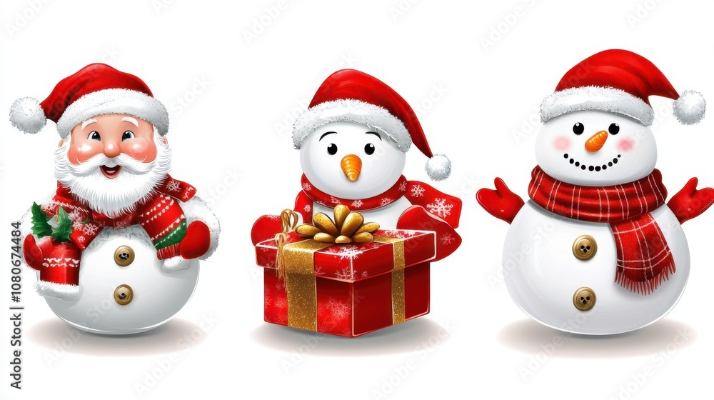Collection of Christmas icons: Santa, snowman, baubles, and gift boxes. Perfect for cards and festive decor. Collection of Christmas icons: Santa, snowman, baubles, and gift boxes. Perfect for cards and festive decor.